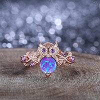Round Lavender Opal Engagement Ring Unique Owl Branch Design Rose Gold Amethyst Cluster Ring Bridal 