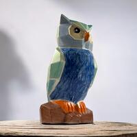 Handpainted Geometric Owl Sculpture: One-of-a-Kind Ceramic Bird Decor