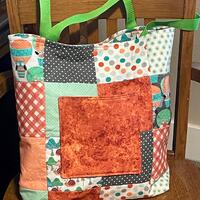 Owl Patchwork blue green orange Bag, mushroom fabric quilted, tote bag, handles, pocket, lined, 16.5