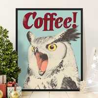 Funny Owl Coffee Poster, Coffee Lover Wall Art, Unique Kitchen Decor, Coffee Enthusiast Gift, Quirky