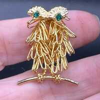 Vintage Owl Rhinestone Wire Art Novelty Owl Pin, Gold Tone Abstract Comical Wire Owl Perched on a Br
