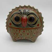 Handmade vintage round shaped spiky owl figurine, Mexican folk art