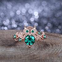 Round Green Emerald Engagement Ring Unique Owl Branch Design Rose Gold Emerald Cluster Ring Bridal P
