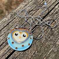 Handmade Cloisonne Large Fine Silver Owl Enamel Pendant