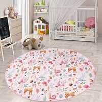 Owl Round Kids Room Rug - Pink Woodland Circle Tammy Time Carpet - Mushroom Infant Area Rug - Deer C