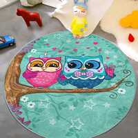 Owl Round Nursery Area Rug - Green Gift Circle Newborn Carpet - Hearts Baby Crawling Rug - Lovely Ca