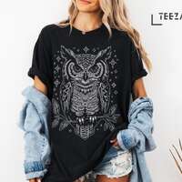 Mystical Owl T-Shirt, Witchy Owl Graphic Tee Shirt, Gothic Top, Nature Lover's Gift