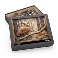 Owl Puzzle, Wood Carved Print Effect Owl Jigsaw Puzzle Gift, Great Horned Owl Lover Gift, Woods Natu