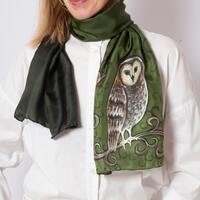 Hand Painted Silk Scarf Owl Shawl Ombre Green Silk Scarf Bird Scarf Pure Silk Scarf Owl Print Scarf 