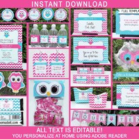 Editable Owl Birthday Party Decorations & Invitation Set (Digital Download)