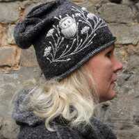 Knitted merino wool hat with embroidery owl,soft and casual winter accessories,lovely Valentines Day
