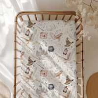 magical owl mail delivery wizard crib sheet for babies nursery, gender neutral fantasy themed babies