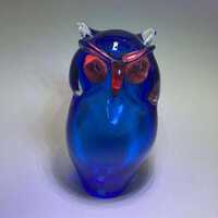 vintage hand blown Roberto Moretti art glass owl, blue, red and clear cased glass
