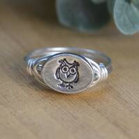 Owl Wire Wrapped Ring in Sterling Silver or Gold Filled - Personalized with Hand Stamped Pewter Owl 