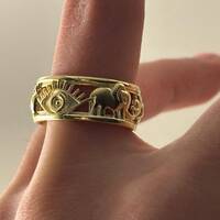 Gold Luck Sign Ring – Owl, Evil Eye, and Elephant Symbols for Protection and Prosperity Ring- 