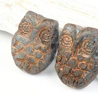 18mm Horned Glass Owl Beads - Montana Blue Transparent Matte with Dark Bronze Wash - Raven's Jou