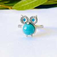 Natural Gemstone Pure Blue Turquoise Owl Ring,Statement Turquoise Ring,Handmade,Amulet, Angel,Adorab