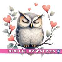Napping Owl with Heart Branches PNG Digital Download Clipart Printable Art Dtg Dtf Mugs T-Shirts Sub
