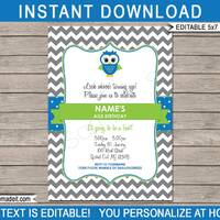 Owl Birthday Invitation Template: Blue, Green, Gray (INSTANT DOWNLOAD)