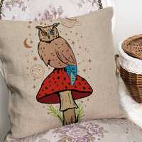 Owl Magic Mushroom Night Moon Stars - Cushion Cover with or without Pad Inner