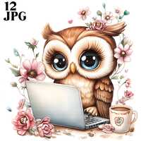 12 Cute Owl with Laptop and Coffee Clipart, Owl Clipart, Laptop Clipart, High Quality JPGs, Junk Jou