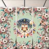 Owl tumbler wrap, Owl tumbler design, Boho dreamcatcher floral tumbler wrap, Sage green tumbler, Cut