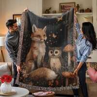 Woodland Fox Owl Woven Blanket, Cottagecore Throw Blanket, Enchanted Forest Gift, Mushroom Tapestry,