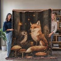 Fox and Owl Woven Blanket: Cottagecore Woodland Throw