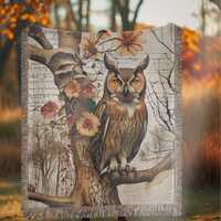 Cottagecore Scrapbook Mystical Owl Woven Tapestry Blanket Nature Gift