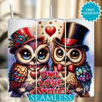 Owl Valentine Tumbler Wrap, Seamless 20 Oz Skinny Straight Tumbler Sublimation Design, Digital Downl