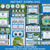 Boy Owl Birthday Party Decorations: Printable Invitation Bundle (EDITABLE Text) (Instant Download)