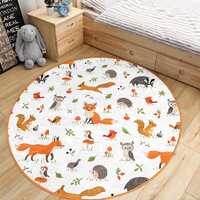 Squirrel Kid's Room Round Rug - Orange Owl Circle Baby Boy Carpet - Forest Nursery Oval Rug - Fo