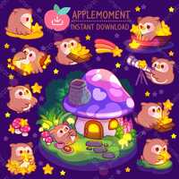 Cute Kawaii Owl Clipart Stickers, Wish Upon A Star PNG (Digital Download)