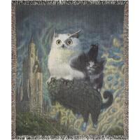 Flying Owl and Cats Woven Blanket