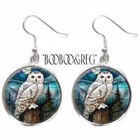 Snowy Owl Earrings: Faux Stained Glass Art Print Earrings, Lightweight Silver Charm Dangle Earrings,