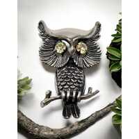 Vintage Beau Sterling Silver Owl Brooch With Rhinestone Eyes