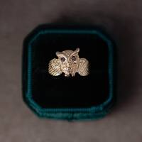 14K Gold Owl Ring with Black Diamonds-Owl Band Ring-Solid Gold Owl Ring with Diamond Eyes-Unisex Owl