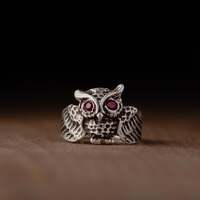 Sterling Silver Owl Ring with Ruby Eyes-Owl Band Ring-Silver Owl Ring-Unisex Owl Rings-Ancient Greek