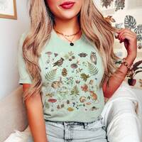 Woodland Wonders: NATURE T-shirt featuring Owl Bird Rabbit Frog Butterflies Mushrooms & Fern, Co