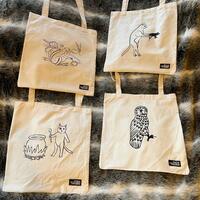 Medieval animal tote bag! Medieval cat with rat, owl, frog and cat with a cauldron. Weird Creature D