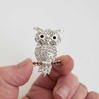 Vintage Perched Owl Brooch, Shawl, Lapel, or Hat Pin, Silver Tone With Clear, Black,  and Brown or A