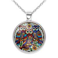 Three Wise Old Owls Stained Glass Art Silver Jewelry Glass Pendant Necklace  Large Option Matching E