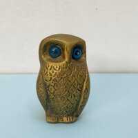 Vintage Solid Brass Owl with blue glass eyes heavy antique figurine Wisdom Bronze sculpture
