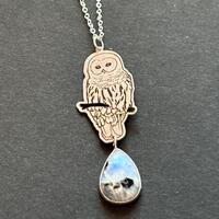Moonstone Owl Necklace, Rainbow Moonstone Owl Pendant, silver Owl Jewelry, moonstone owl Pendant, bi