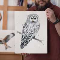 ORIGINAL Ural Owl watercolor painting, hand-painted artwork, one-of-a-kind watercolor original, Baby