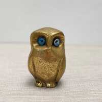 Vintage Solid Brass Owl with blue glass eyes heavy antique figurine Wisdom Bronze