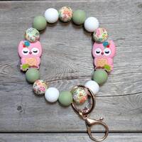 Owl Silicone Bead Wristlet Keychain, Stretchy Silicone Bead Bracelet, Owl print, light green and whi