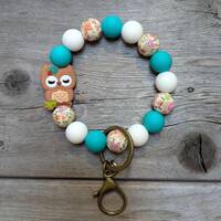 Owl Silicone Bead Wristlet Keychain, Stretchy Silicone Bead Bracelet, Owl print, turquoise and white