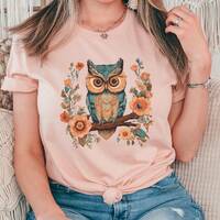 Flowers Owl T-shirt Floral Design, Blue and Orange Owl Botanical plant pattern, Bohemian shirt Owl d