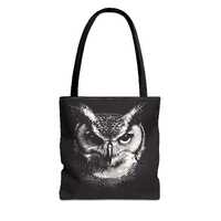 Owl Face Halftone Print Tote Bag: Black & White Canvas Shoulder Bag